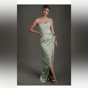 V. Chapman Sage Green Strapless Draped Gown with Side Bow